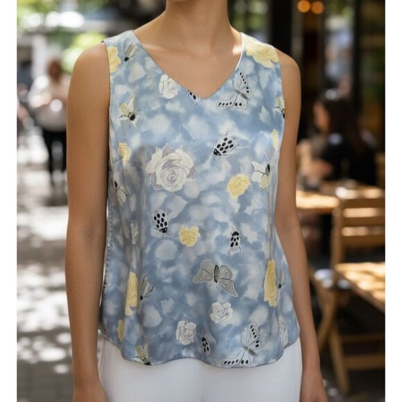 Neiman Marcus 100% Silk Tank Top Blouse L Large Blue Yellow Rose Butterfly Bee - Picture 1 of 16